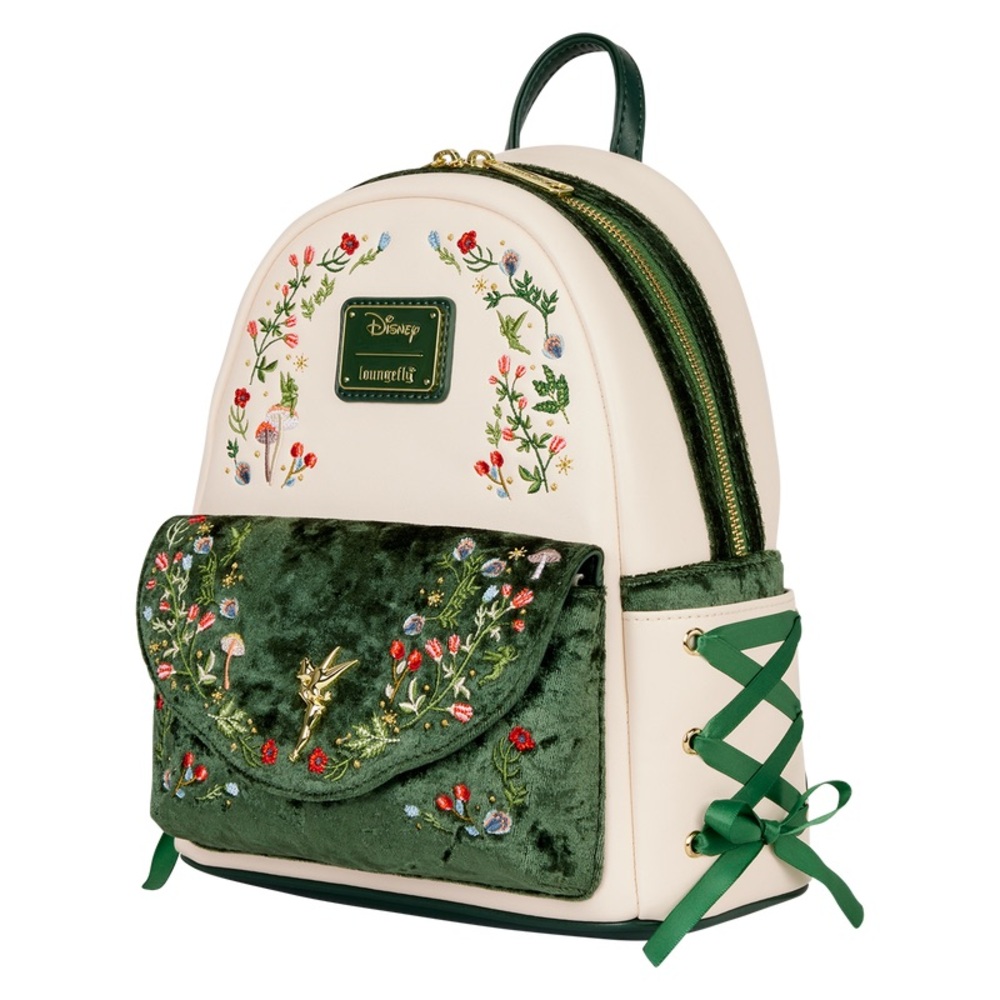 Loungefly Disney Tinker Bell Floral Velvet Green and Cream Mini Backpack - Picture 3 of 7